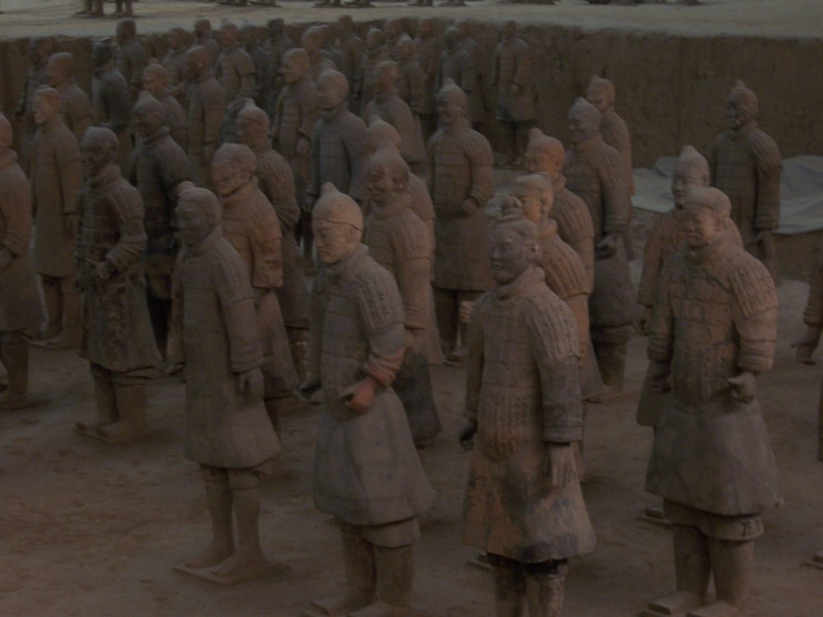 Ranks of life-sized soldiers in Pit 1 of the Terracotta Army near Xi'an