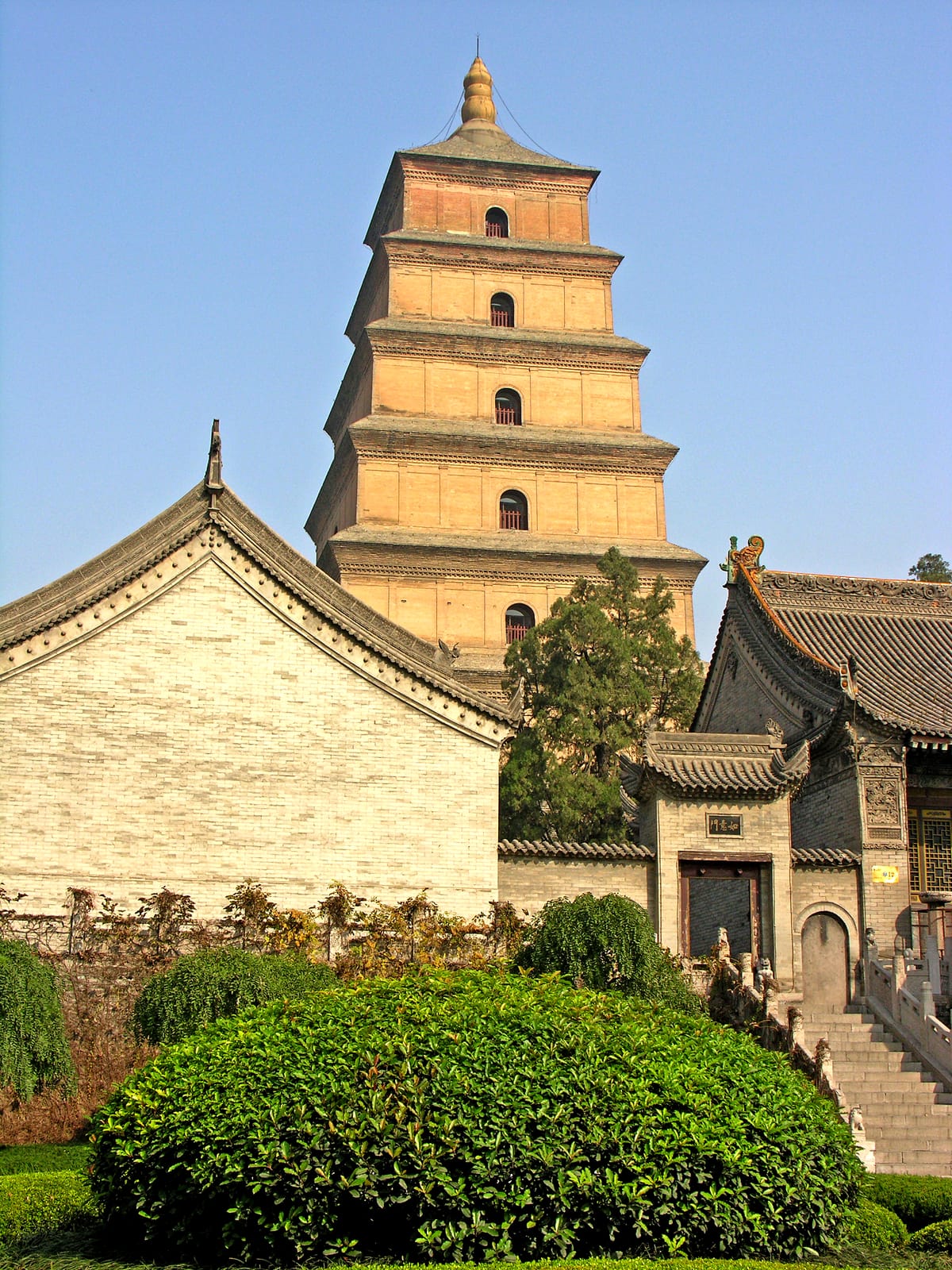 The Tang-dynasty Big Wild Goose Pagoda rising above temple halls in Xi'an