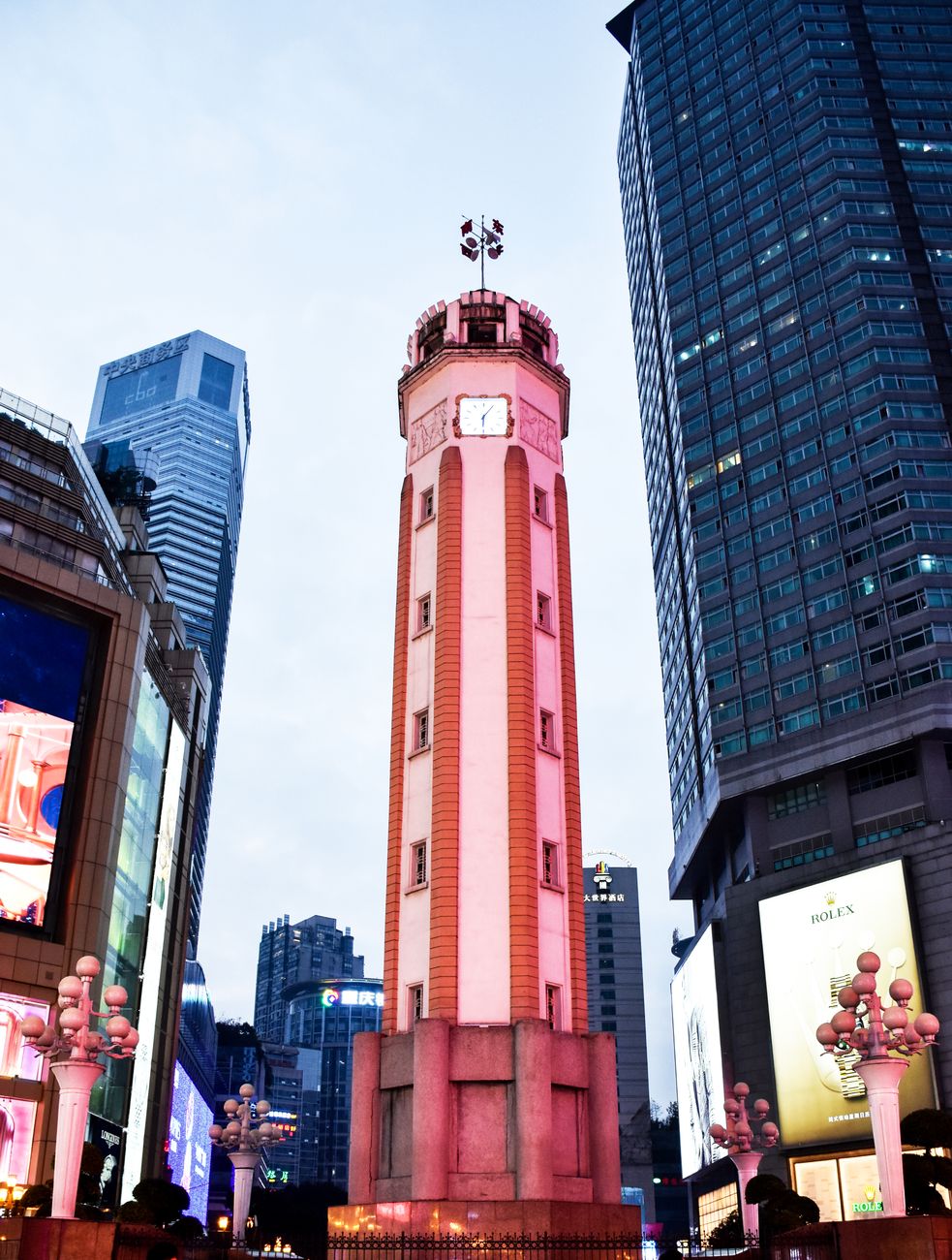 The Liberation Monument clock tower ringed by skyscrapers at Jiefangbei