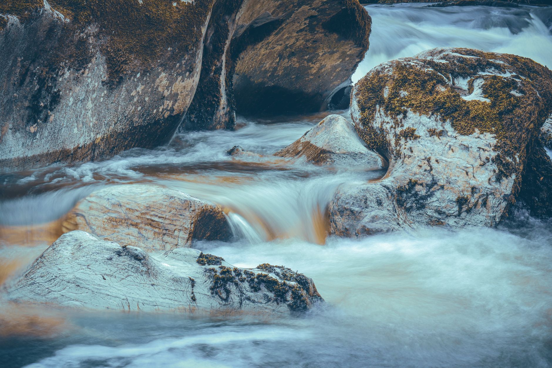 Clear creek tumbling over mossy boulders along Golden Whip Stream
