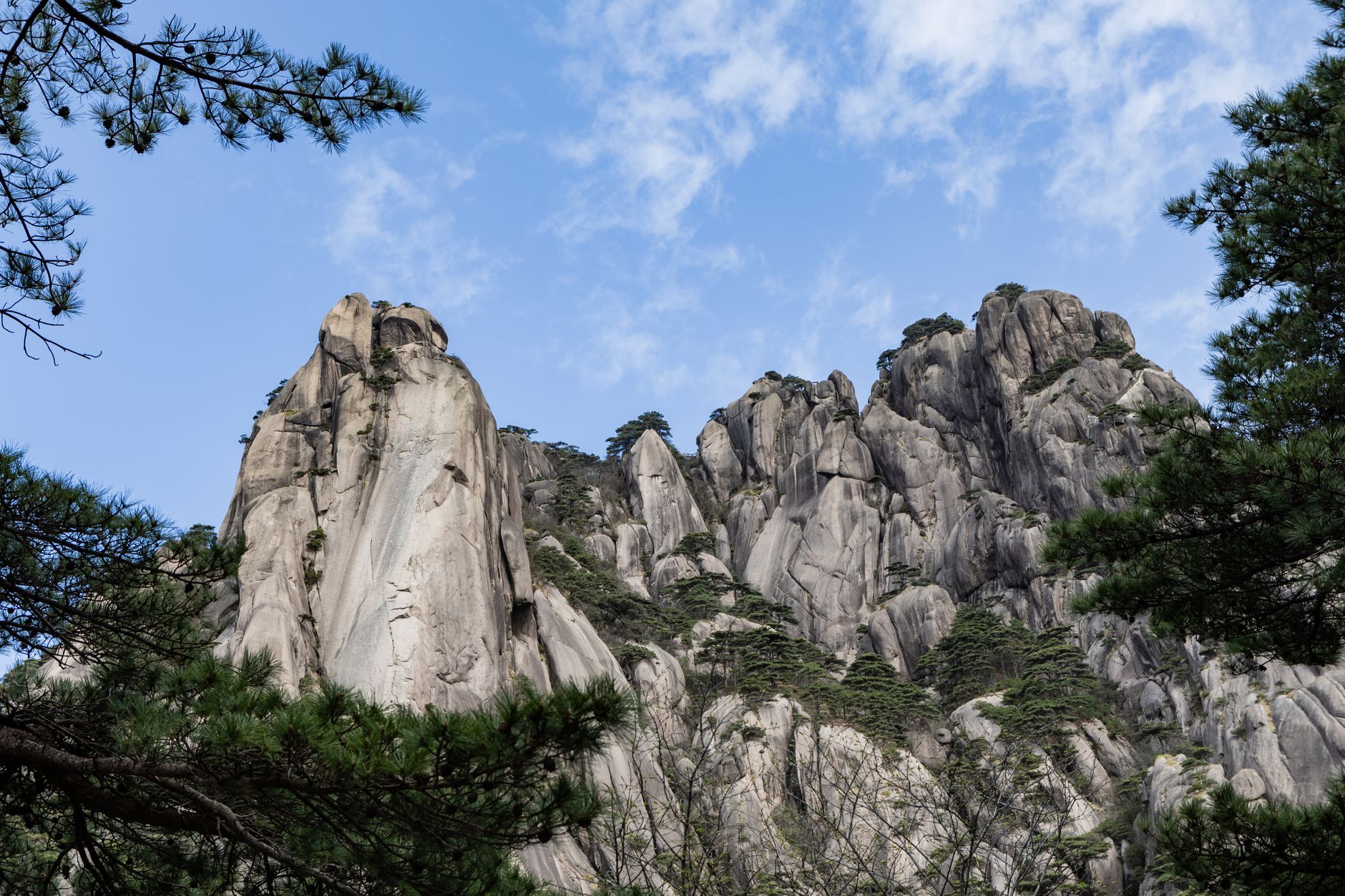 Picos escarpados de granito y pinos en las crestas del Monte Huangshan