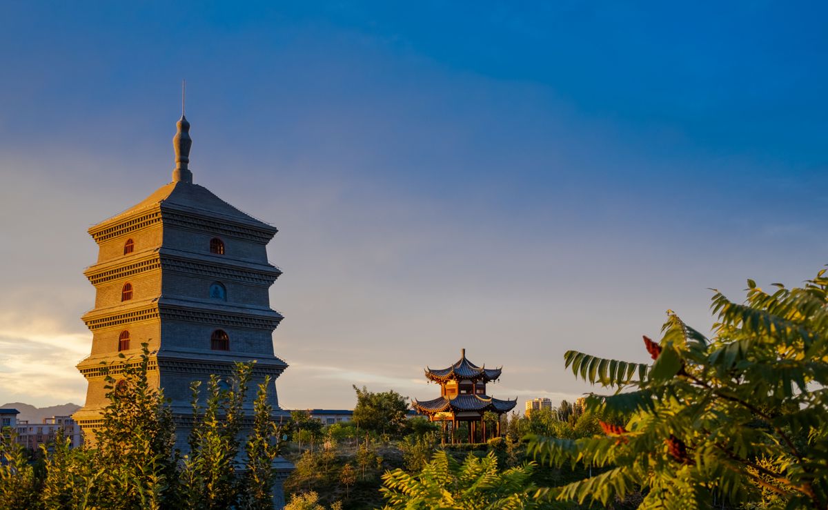 Big Wild Goose Pagoda at sunset in the Qujiang district of Xi'an