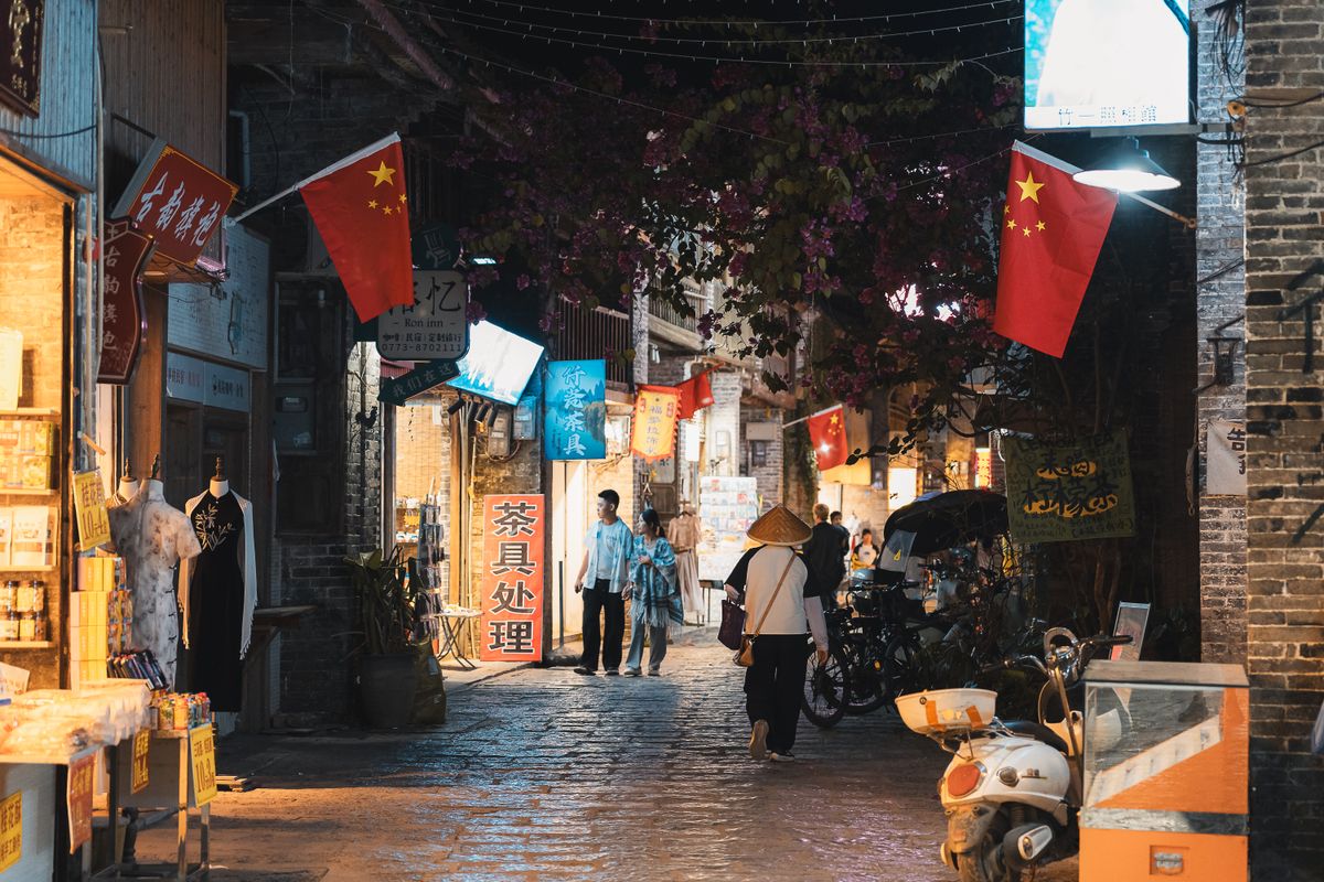 Lantern-lit pedestrian shopping street in Guilin at night