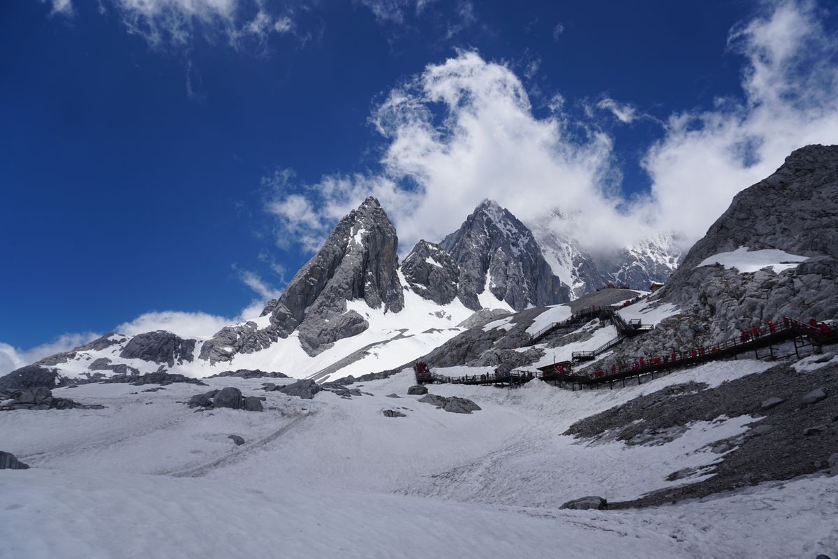 Snow-capped peaks and a walking trail in Jade Dragon Snow Mountain's glacier park near Lijiang