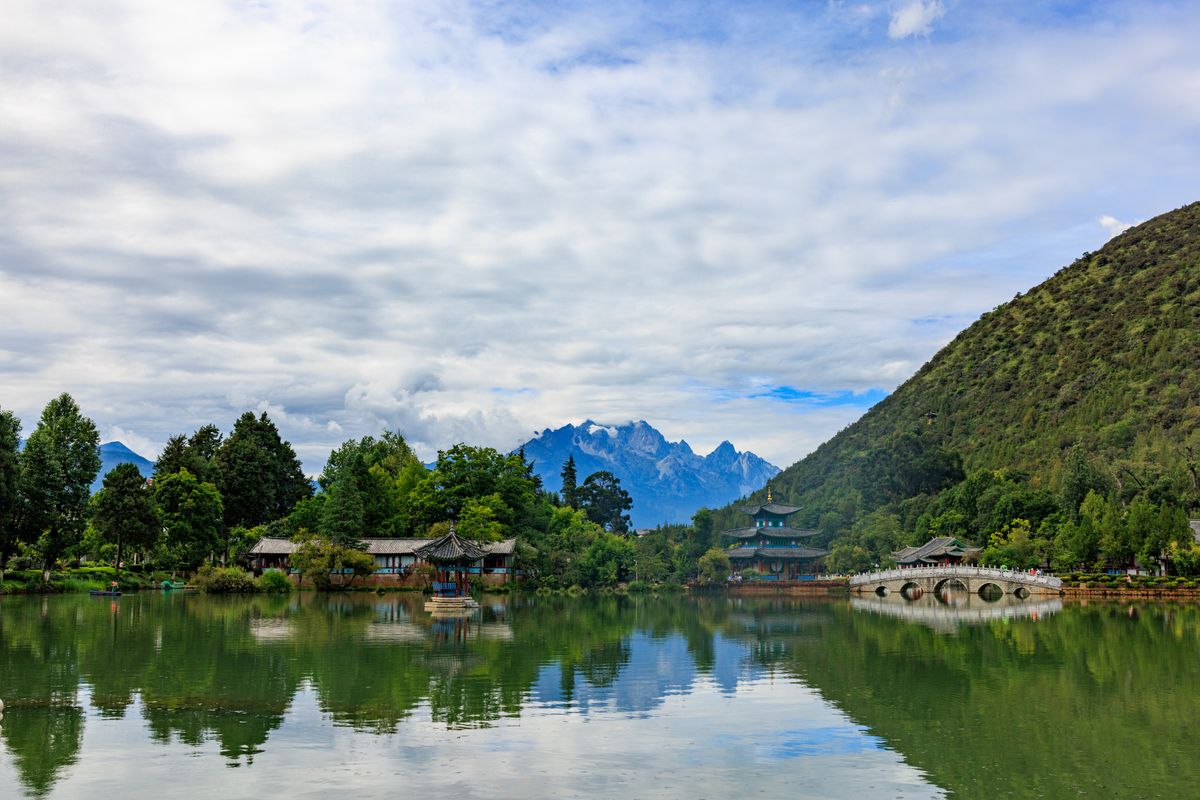 Black Dragon Pool with Jade Dragon Snow Mountain reflected in the water, Lijiang