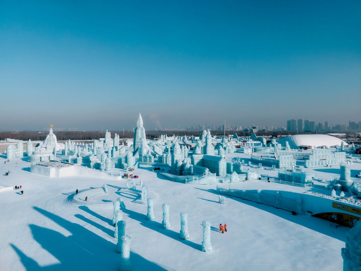 Aerial view of illuminated ice sculptures at Harbin Ice and Snow World festival