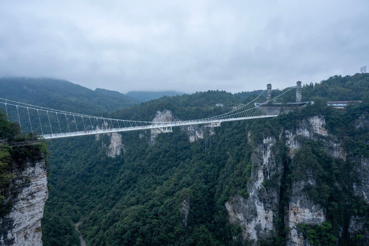 Zhangjiajie Grand Canyon Glass Bridge suspended above a forested gorge