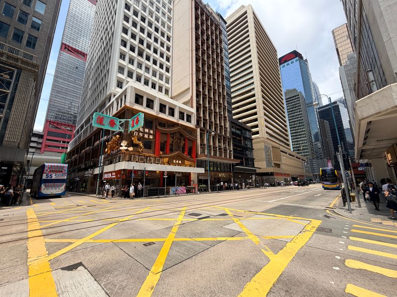 Street scene in Hong Kong's Central district with skyscrapers and traffic