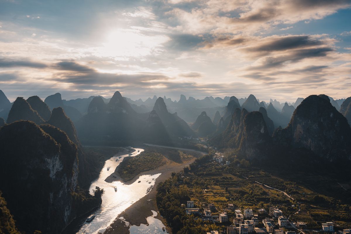 Misty karst peaks along the Li River near Guilin at sunrise