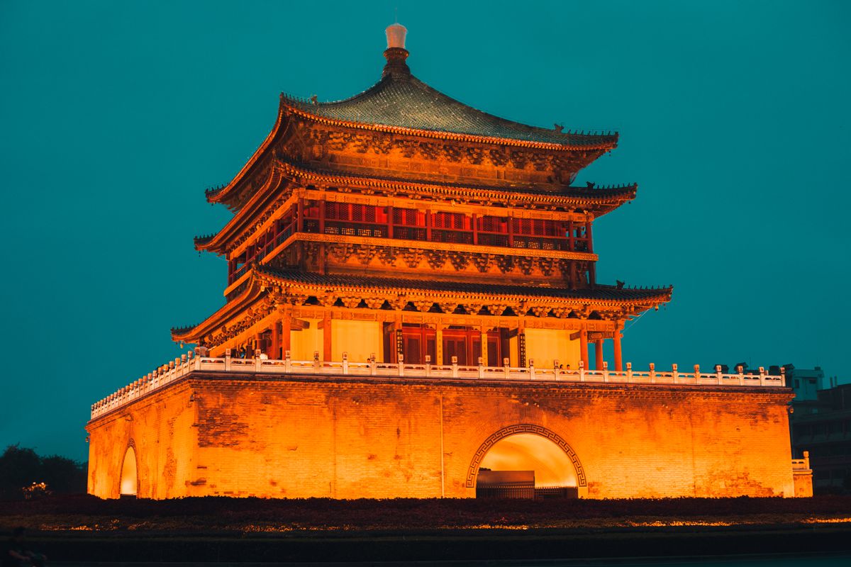 Xi'an Bell Tower lit up at night with the plaza and traffic circle below