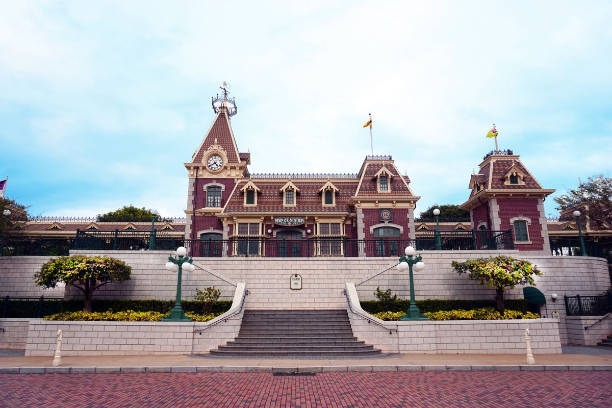 Main Street Station building at Hong Kong Disneyland with clock tower