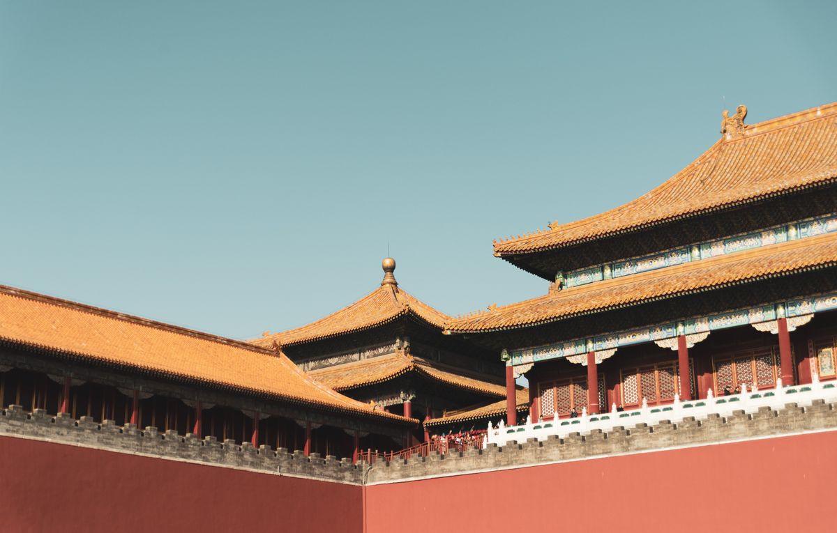 Roofline and red palace wall of the Forbidden City, Beijing