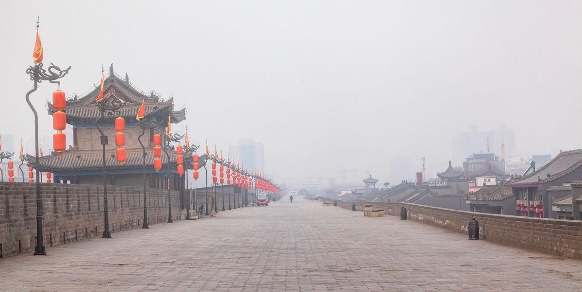 Xi'an city wall watchtower decorated with red lanterns