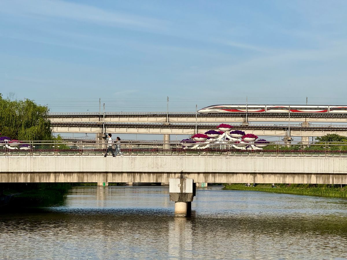 High-speed train crossing an elevated bridge in China