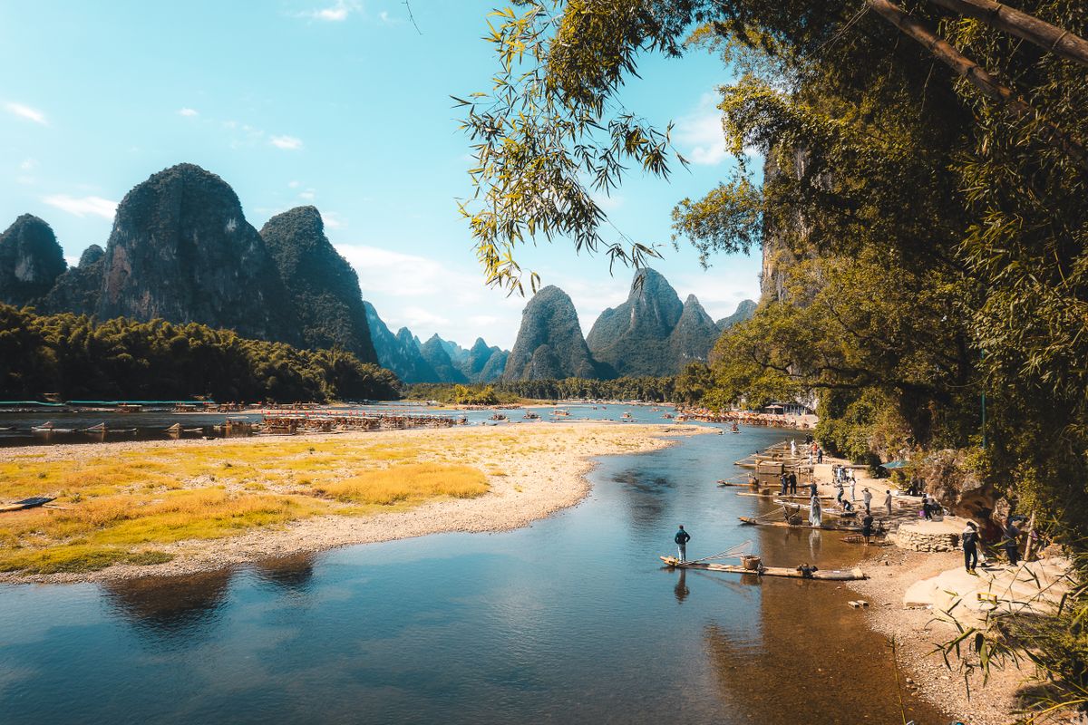 Li River and karst mountains near Guilin, the scenic connection onward from the train