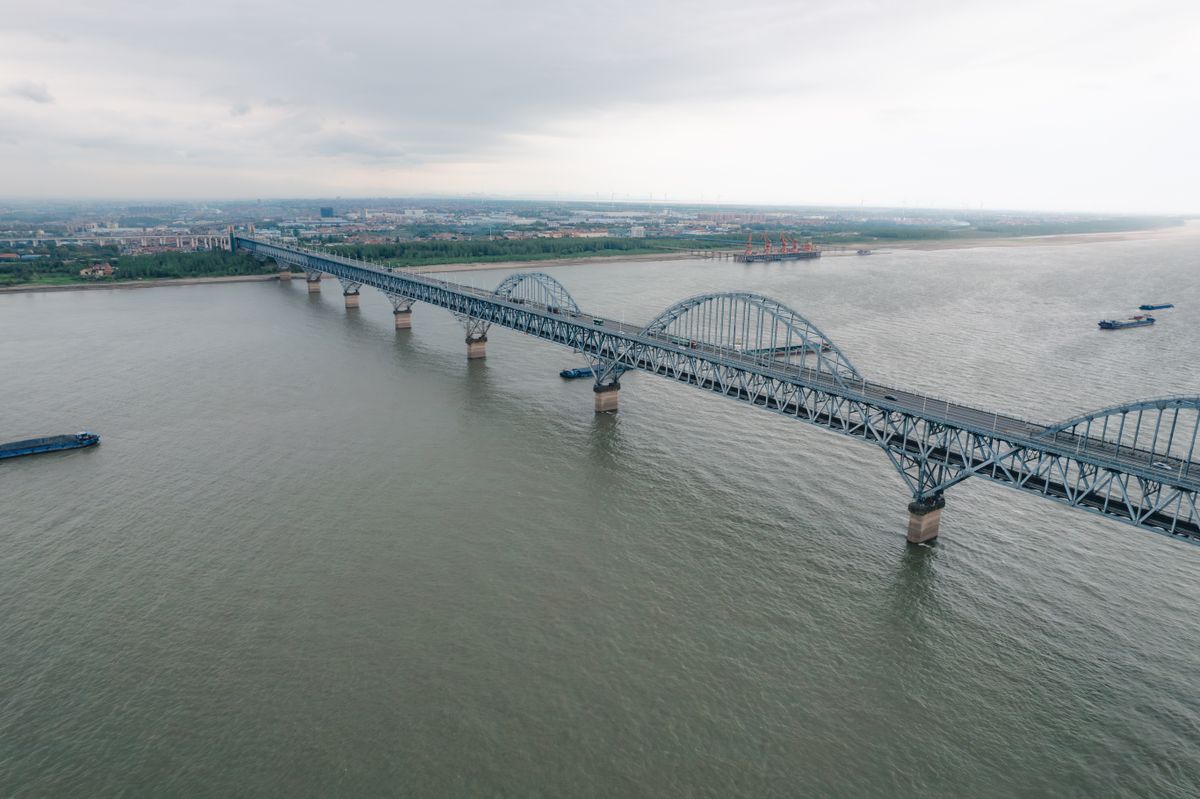 Aerial view of the Nanjing Yangtze River Bridge crossing the river