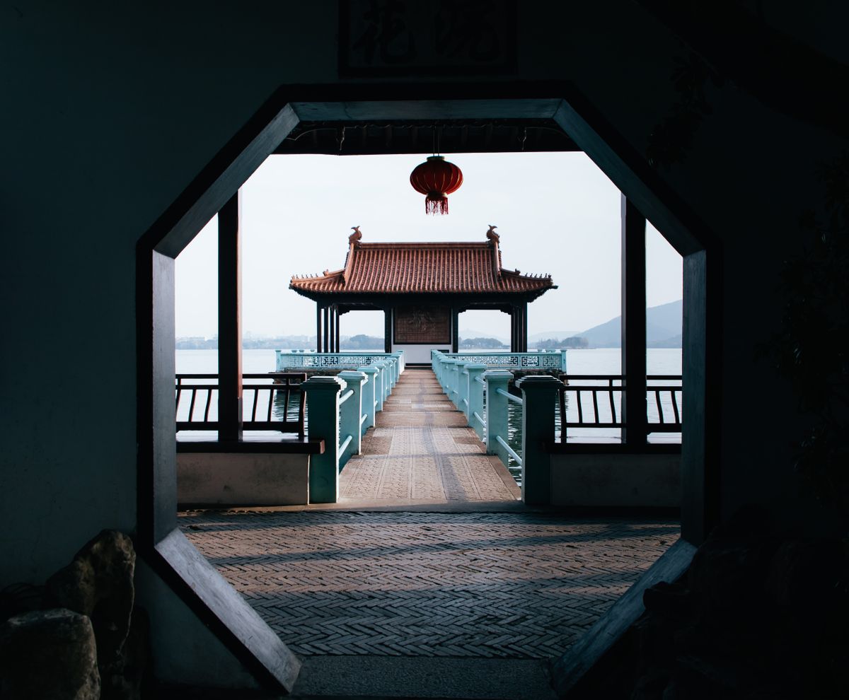 Lakeside pavilion and pier on Taihu Lake near Wuxi