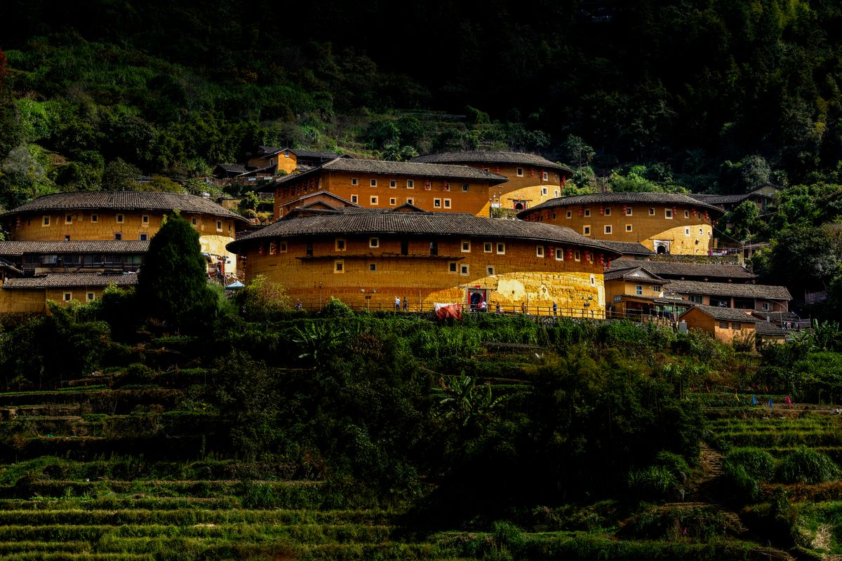 Traditional Hakka tulou roundhouses in the hills of Fujian