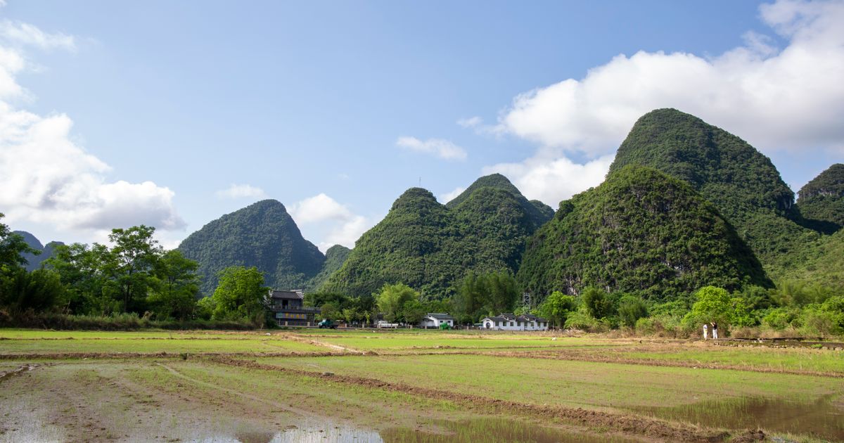 Aerial view of karst mountains and the Li River near Guilin