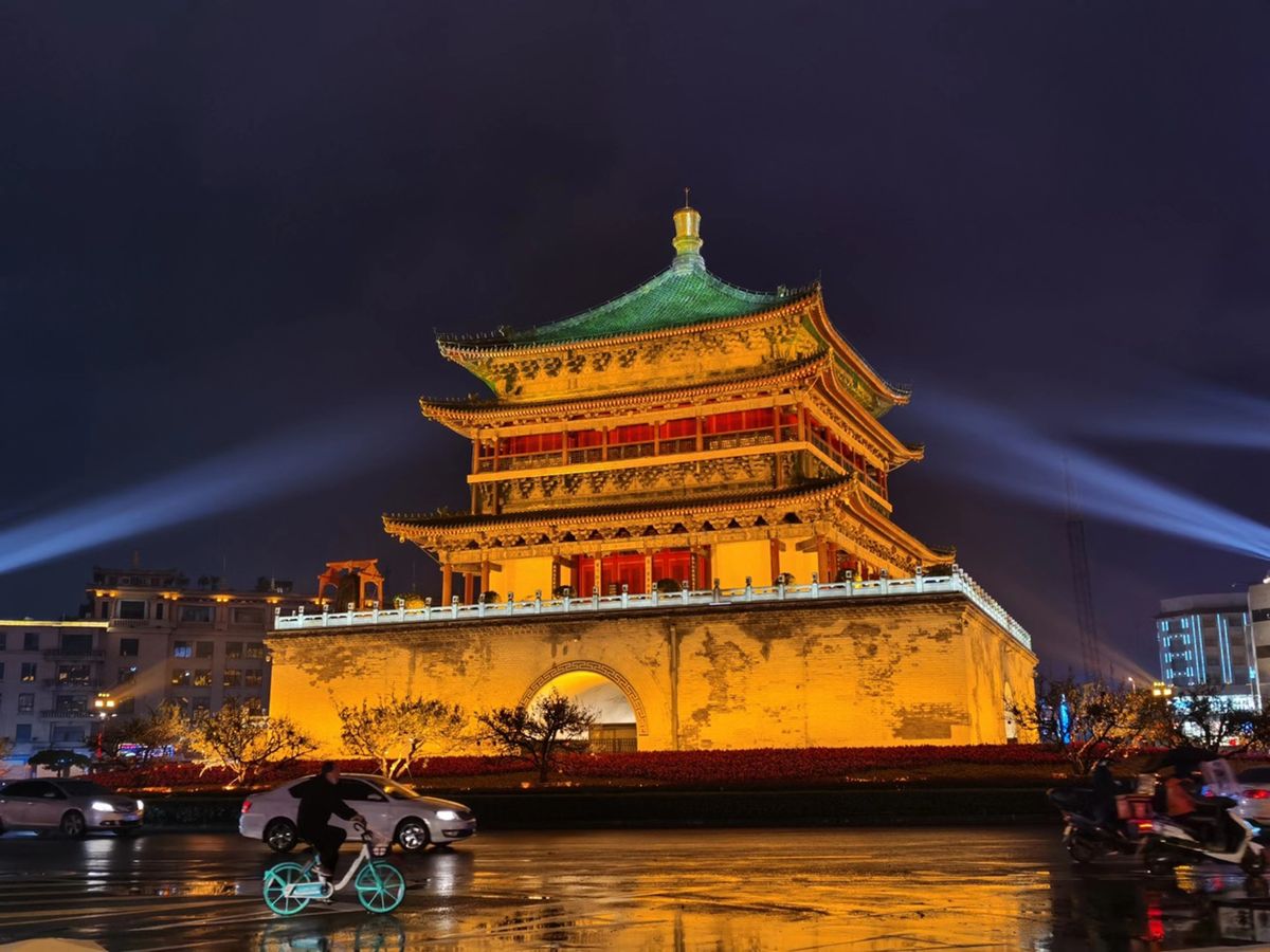 Xi'an Bell Tower illuminated at night