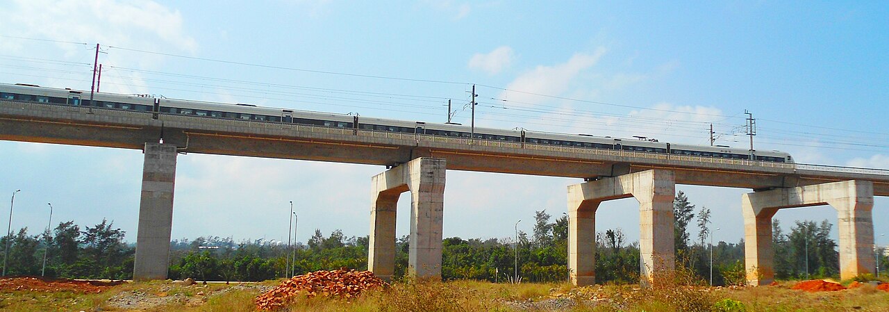 High-speed train crossing an elevated viaduct in the Chinese countryside