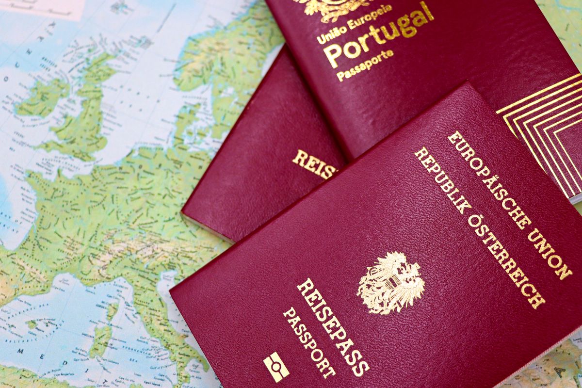 European Union passports from Austria and Portugal, representing nationalities that qualify for China's visa-free entry