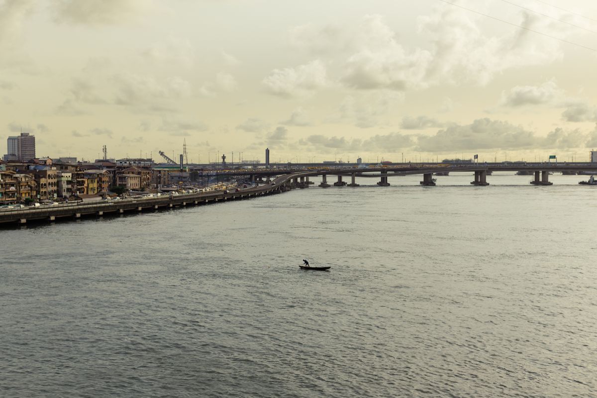 Skyline of Lagos with the Third Mainland Bridge over the lagoon