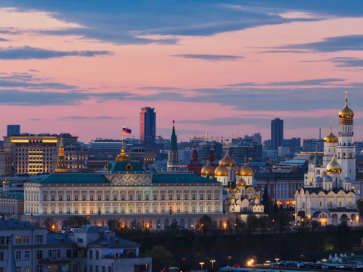 Kremlin towers and cathedrals in Moscow at sunset