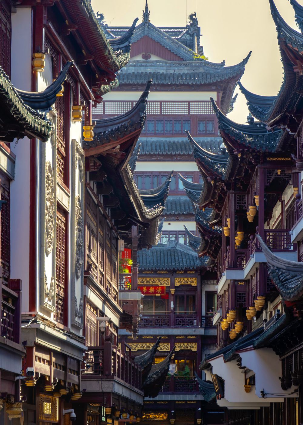 Lantern-lit rooftops inside Yu Garden's old town, Shanghai