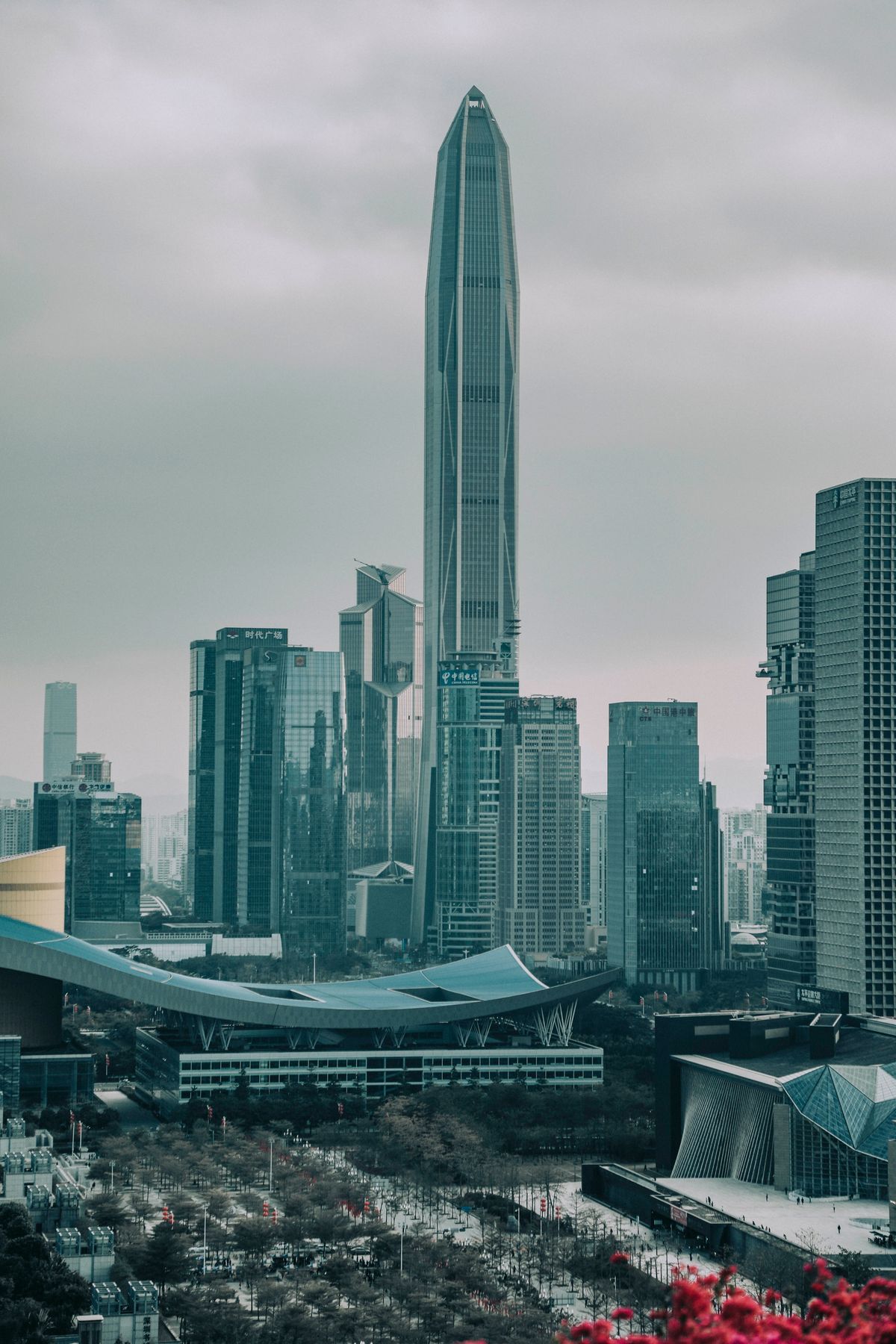 Shenzhen city skyline with the convention center and skyscrapers at dusk