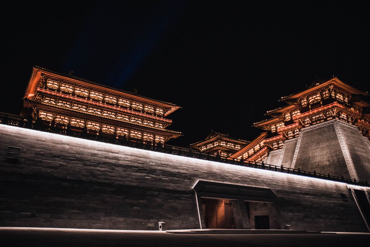 Xi'an Bell and Drum Tower lit up orange against the night sky