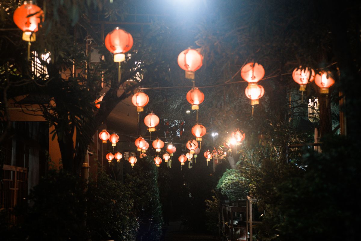 Red lanterns glowing on a festival evening