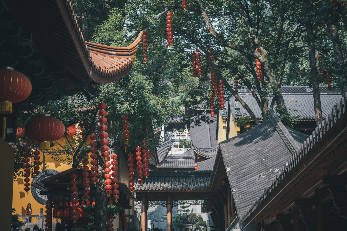 Red lanterns and traditional architecture at a Chinese temple