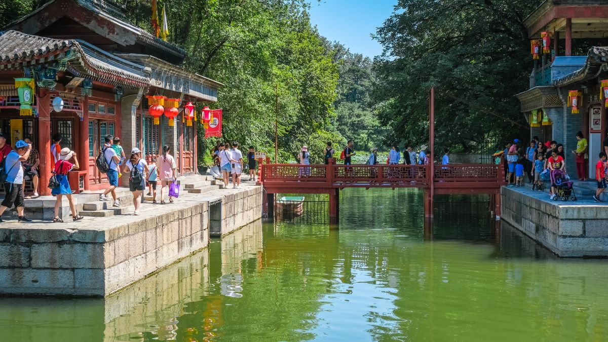 Visitors walking through the Summer Palace grounds in Beijing