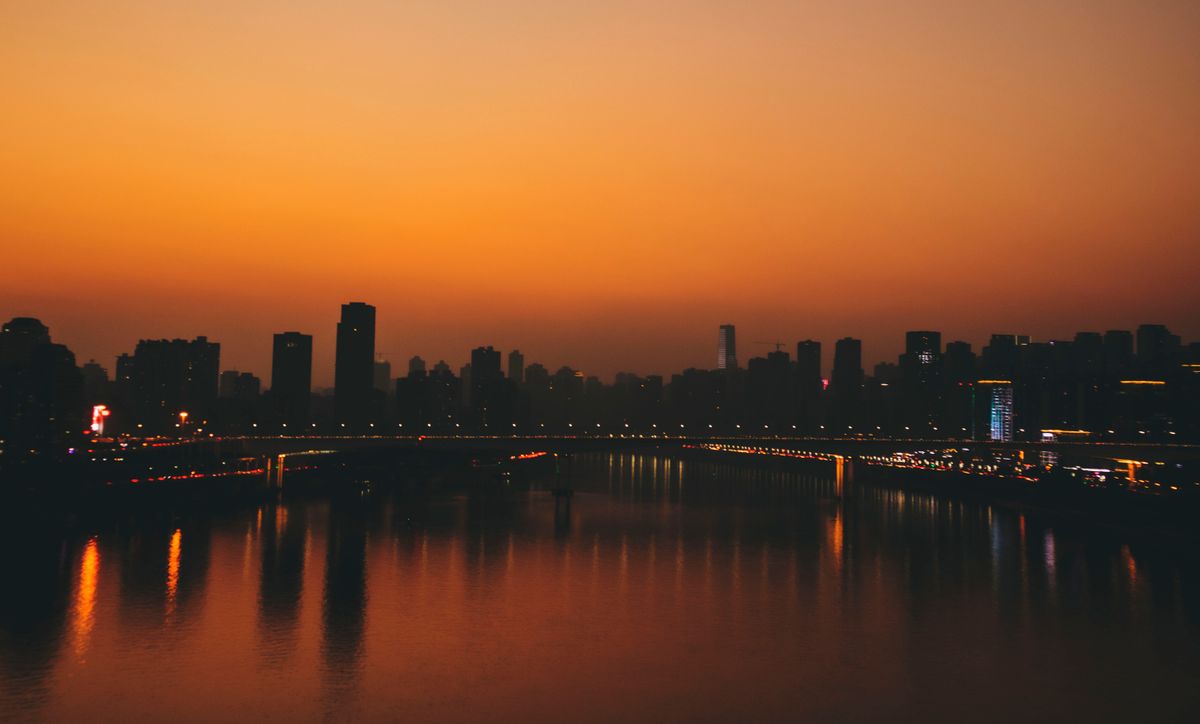 Elevated rail lines in Chongqing's layered cityscape