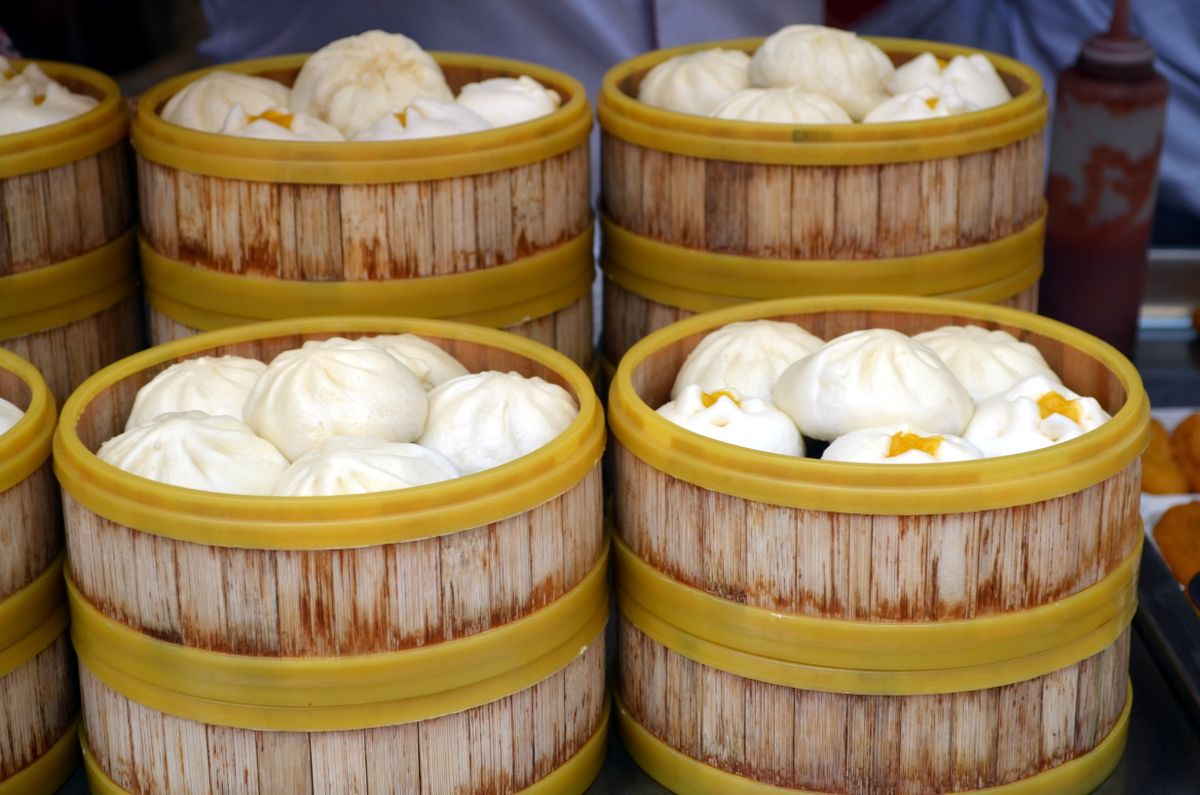 Steamed buns in bamboo baskets