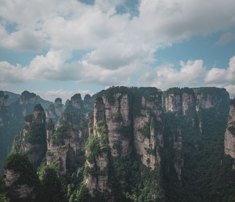 Stunning view of Zhangjiajie's iconic sandstone pillars under a cloudy sky.