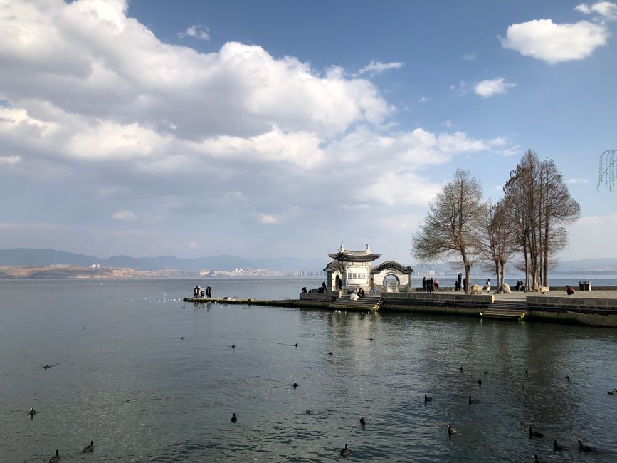 Serene picture of Dianchi Lake, distant pagoda, bare trees, and mountain backdrop in Kunming.
