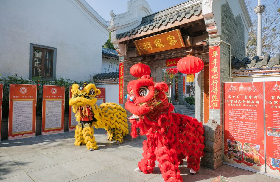 Lion dance performers in colorful costumes at a vibrant Chinese festival outdoors.
